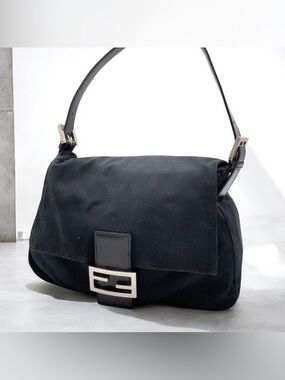 AUTH FENDI MAMA MAMMA Baguette Bag in Black Neoprene Canvas SHW Authentic